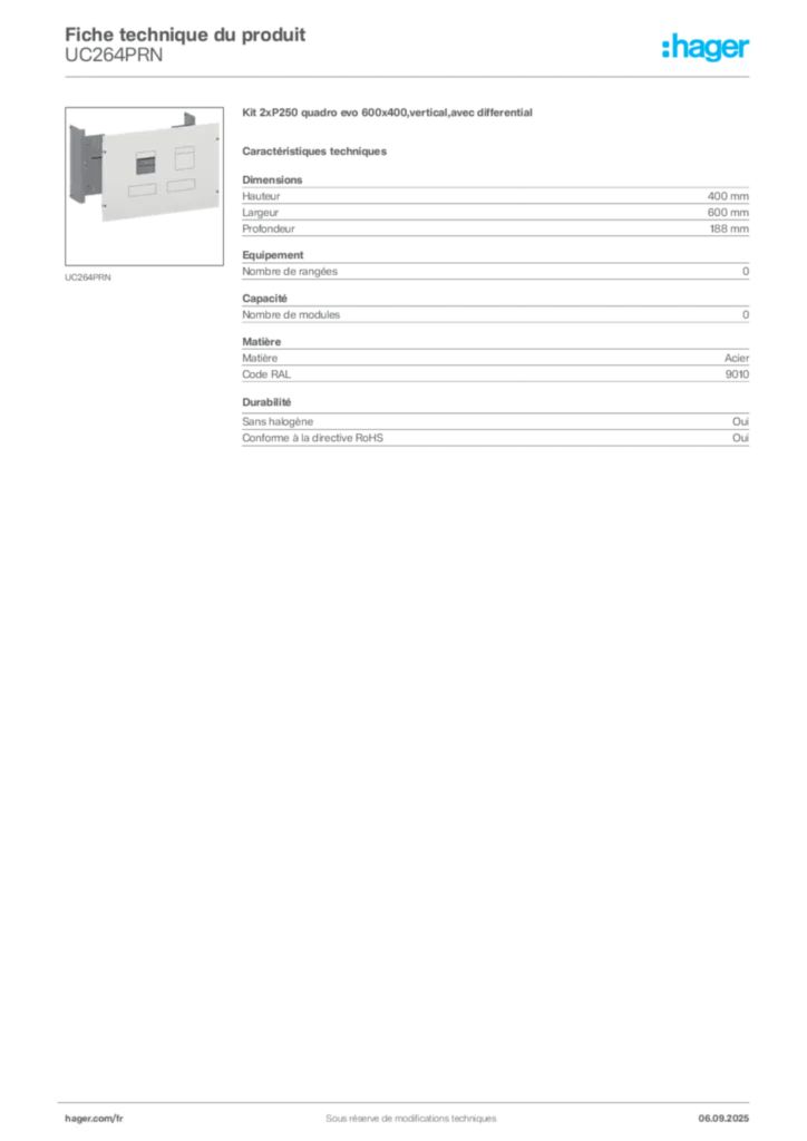 Image Hager Fiche technique du produit UC264PRN | Hager France