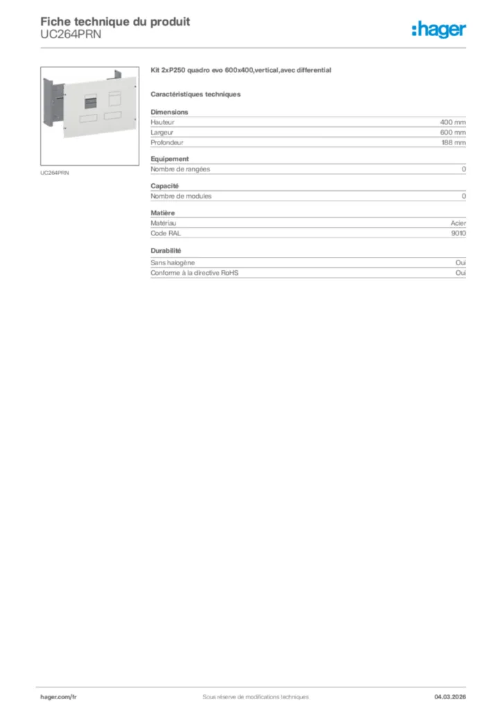 Image Hager Fiche technique du produit UC264PRN | Hager France