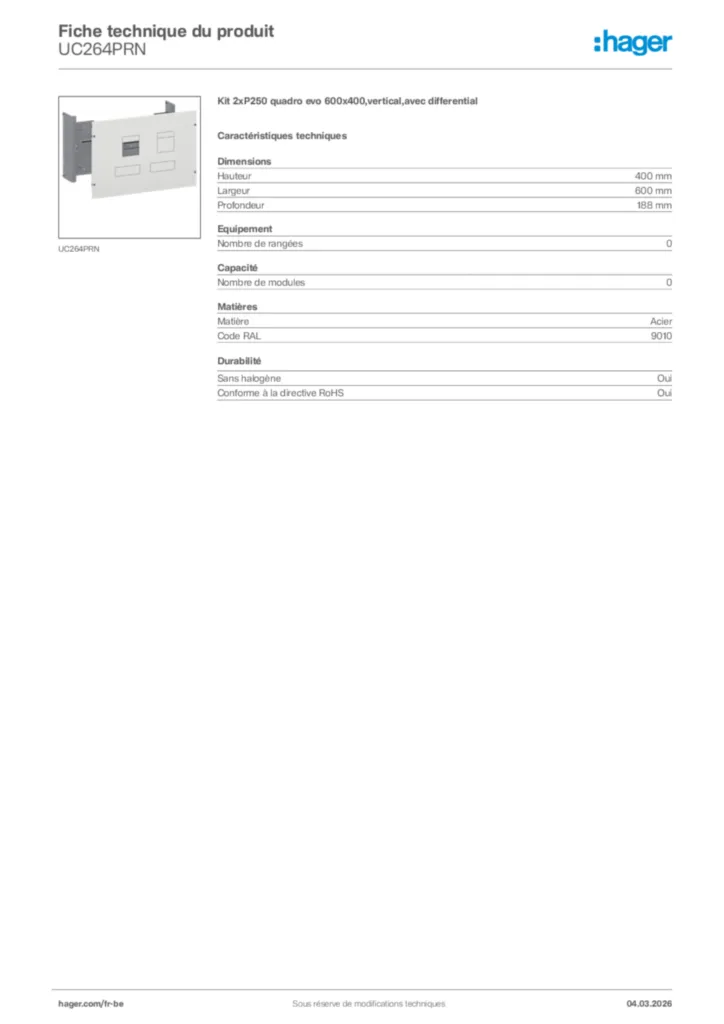 Image Hager Fiche technique du produit UC264PRN | Hager Belgique