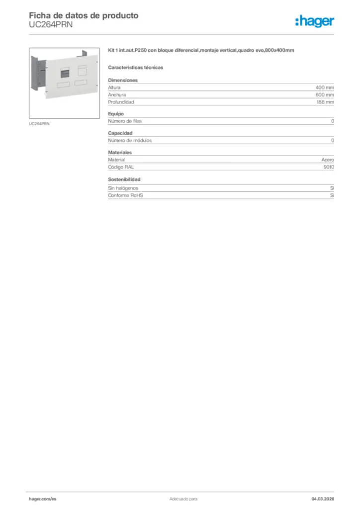 Imagen Hager Ficha de datos de producto UC264PRN | Hager España