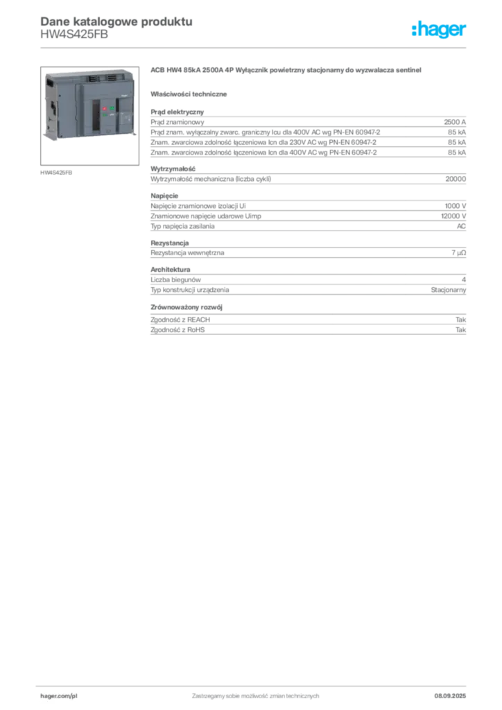 Zdjęcie Hager Dane katalogowe produktu HW4S425FB | Hager Polska