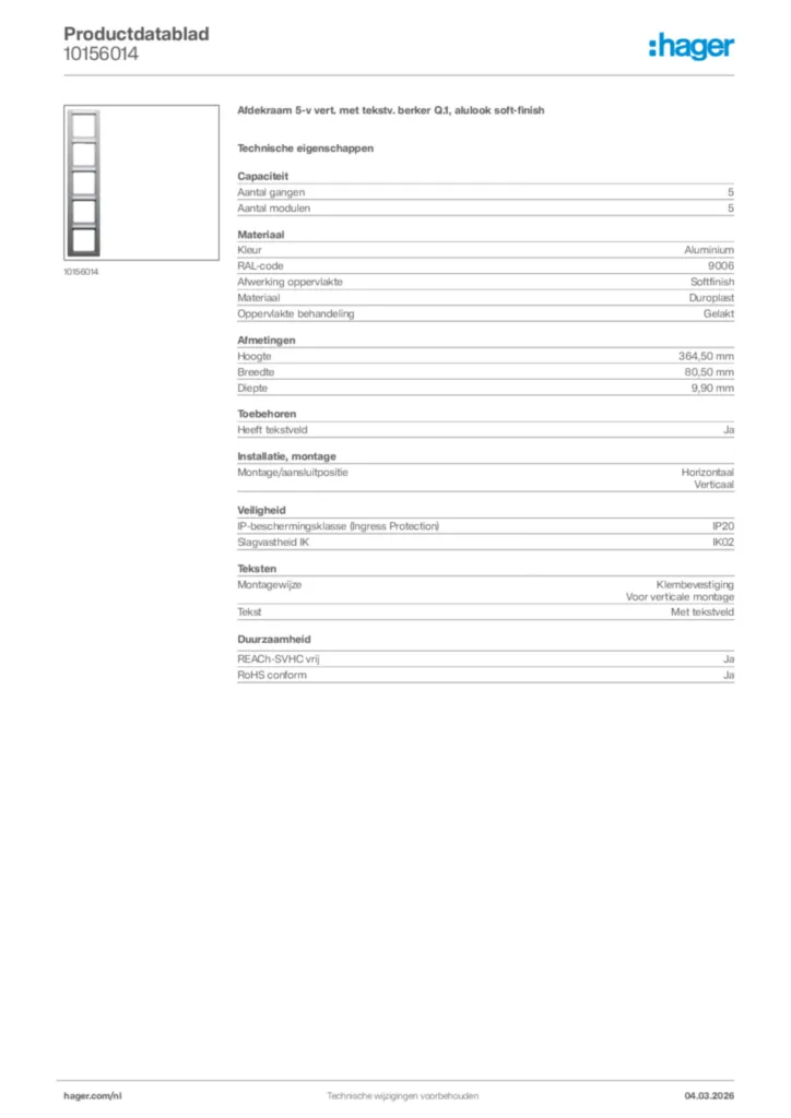 Afbeelding Hager Productdatablad 10156014 | Hager Nederland