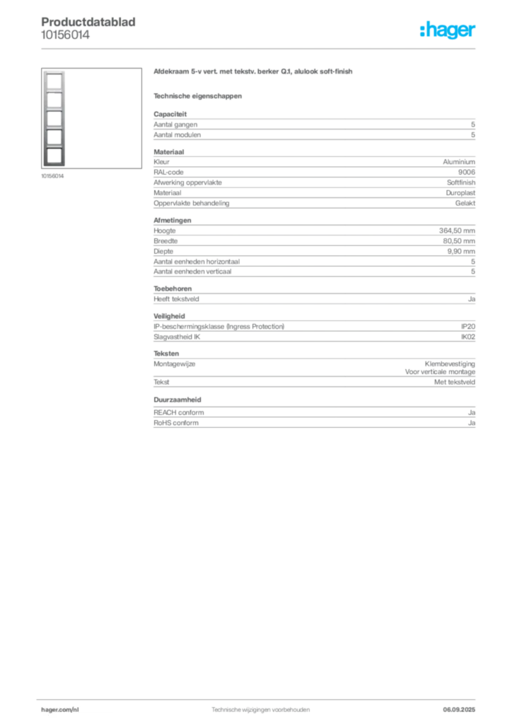 Afbeelding Hager Productdatablad 10156014 | Hager Nederland