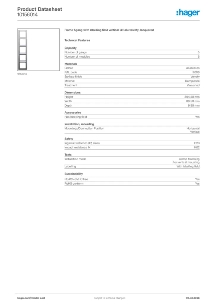 Image Hager Product data sheet 10156014  | Hager