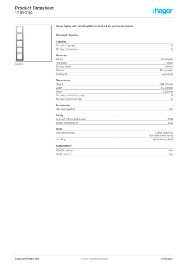 Image Hager Product data sheet 10156014  | Hager