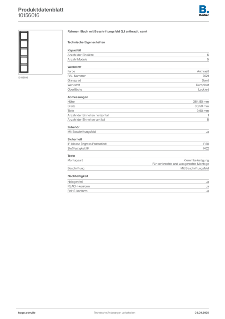 Bild Berker Produktdatenblatt 10156016 | Hager Deutschland