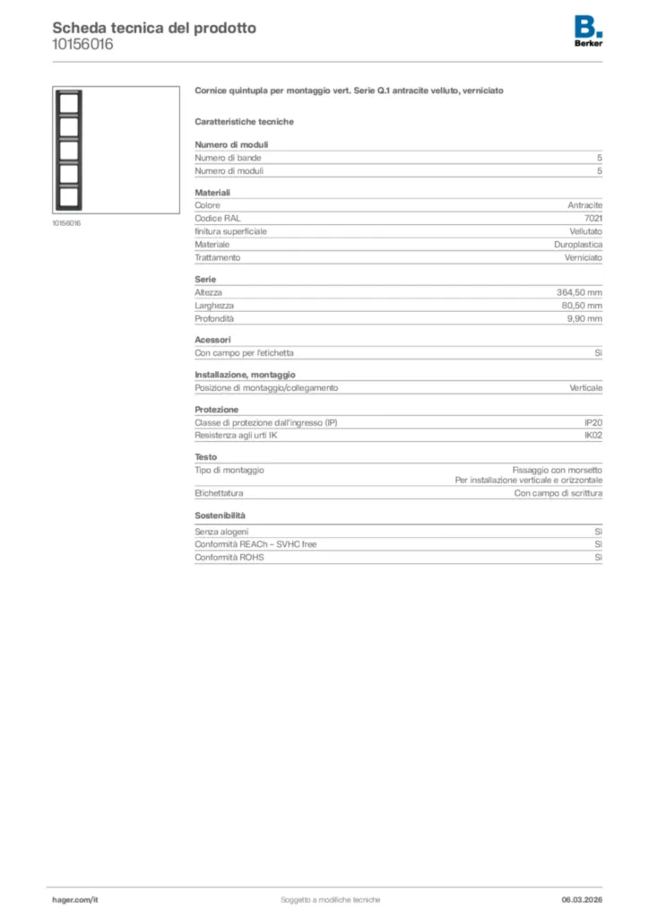 Immagine Berker Scheda tecnica del prodotto 10156016 | Hager Italia