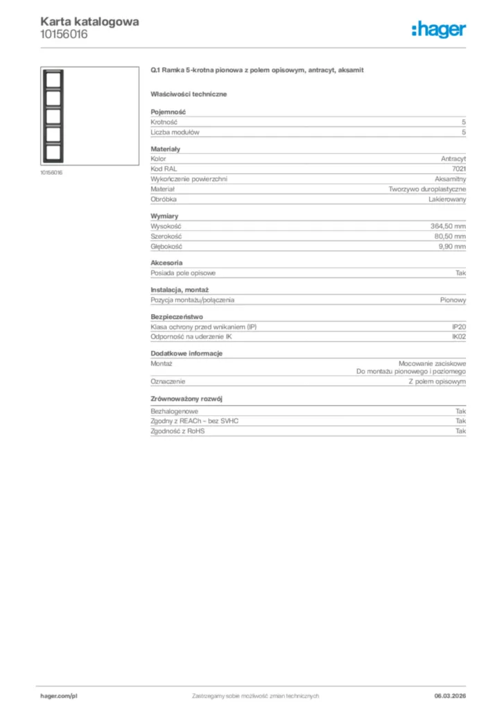 Zdjęcie Hager Karta katalogowa 10156016 | Hager Polska