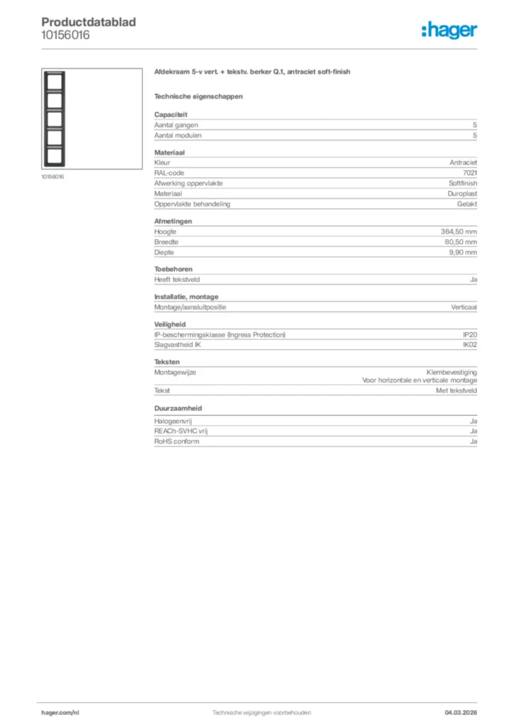 Afbeelding Hager Productdatablad 10156016 | Hager Nederland