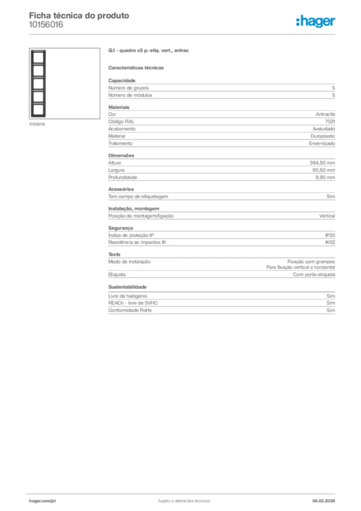 Imagem Hager Ficha técnica do produto 10156016 | Hager Portugal