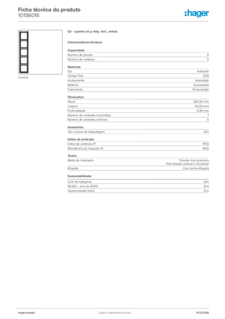 Imagem Hager Ficha técnica do produto 10156016 | Hager Portugal
