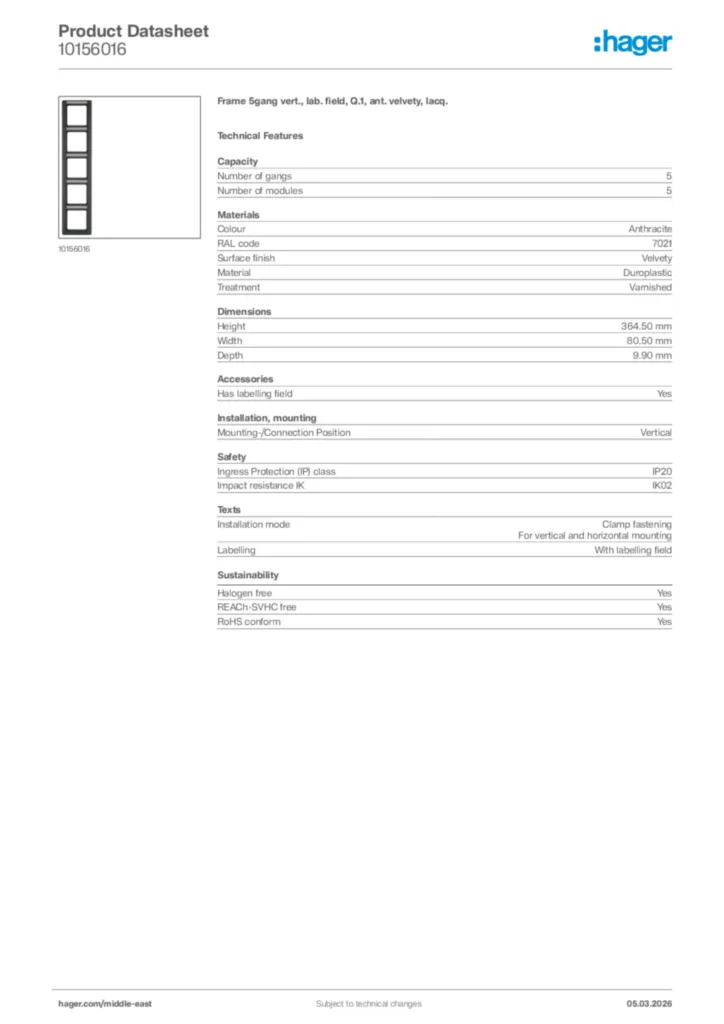 Image Hager Product data sheet 10156016  | Hager