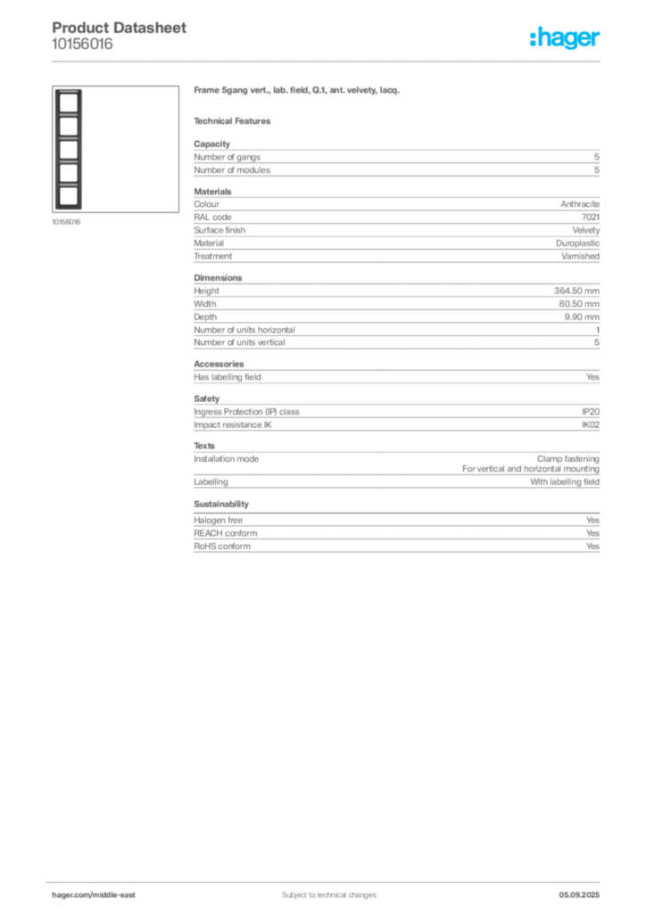 Image Hager Product data sheet 10156016  | Hager