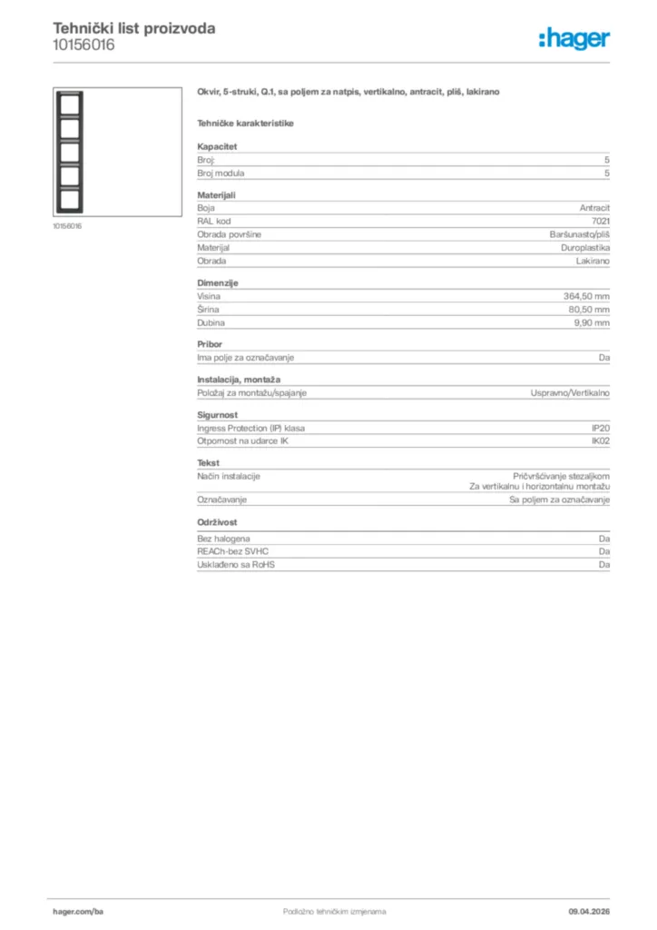 Slika Hager Tehnički list proizvoda 10156016  | Hager
