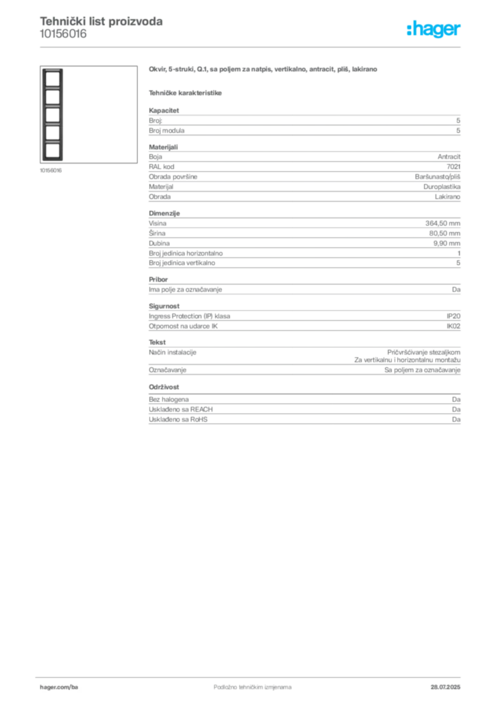 Slika Hager Product data sheet 10156016  | Hager