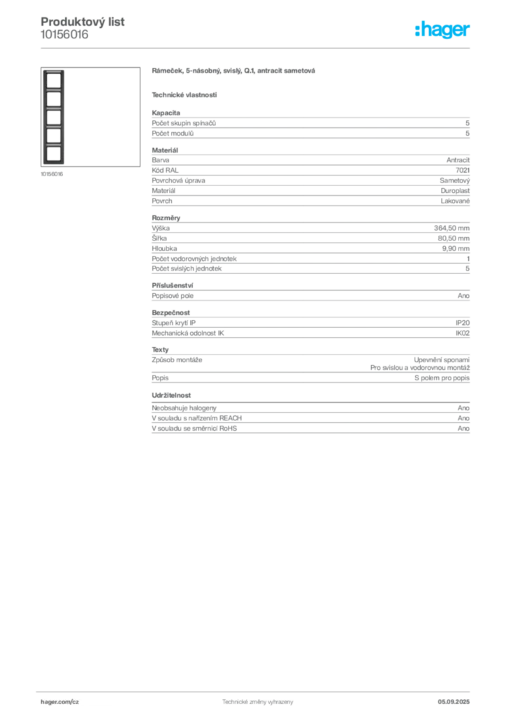 Obrázek Hager Produktový list 10156016 | Hager
