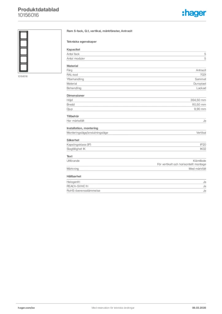 Bild Hager Produktdatablad 10156016 | Hager Sverige