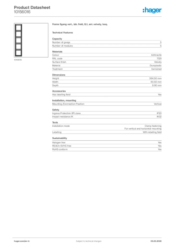Image Hager Product data sheet 10156016  | Hager