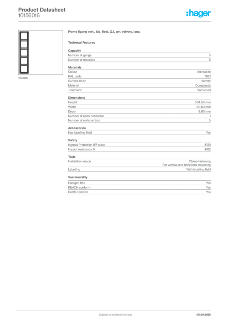 Image Hager Product data sheet 10156016  | Hager