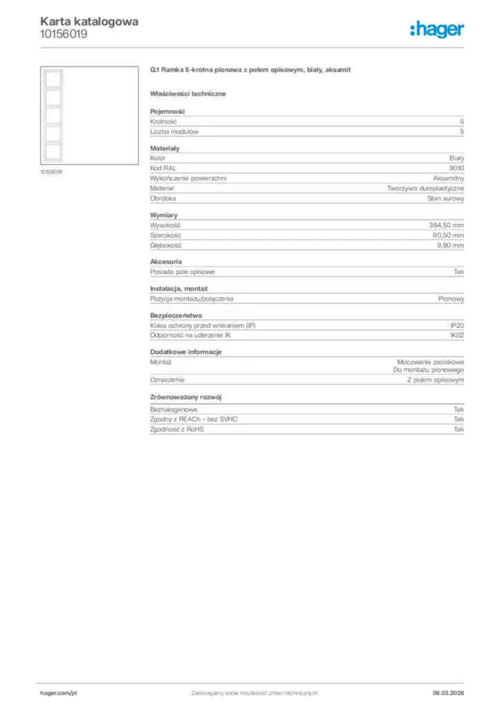 Zdjęcie Hager Karta katalogowa 10156019 | Hager Polska