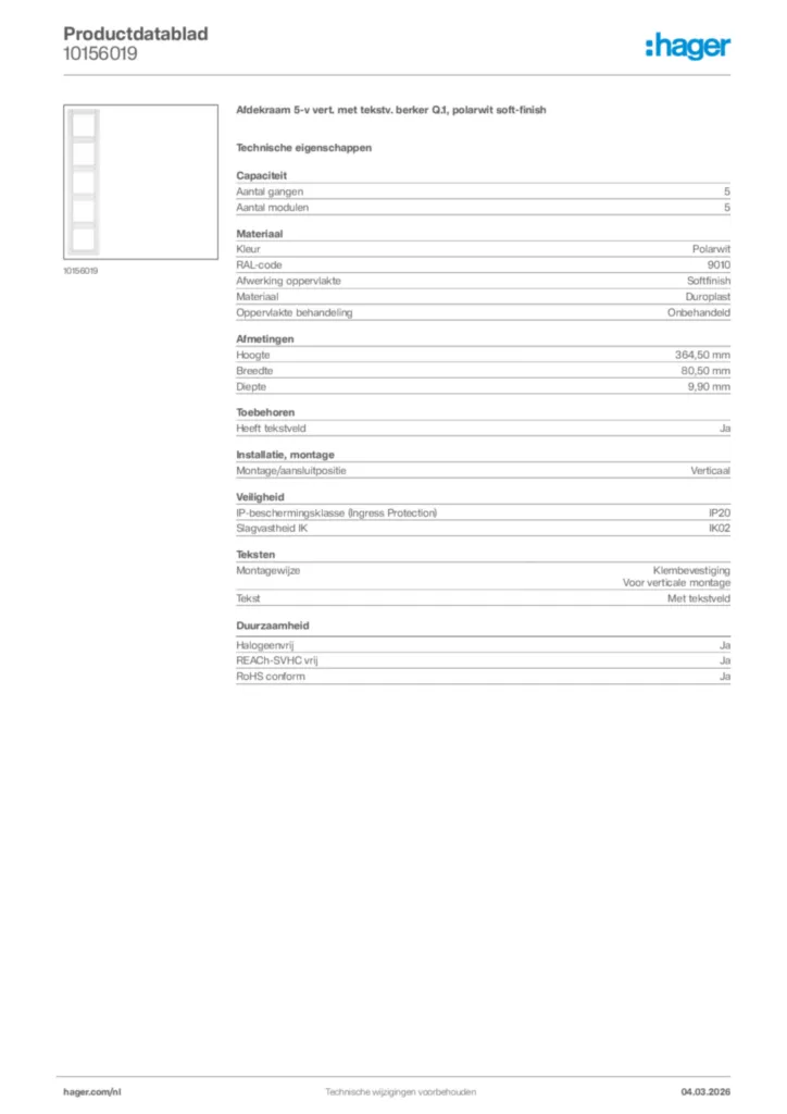 Afbeelding Hager Productdatablad 10156019 | Hager Nederland