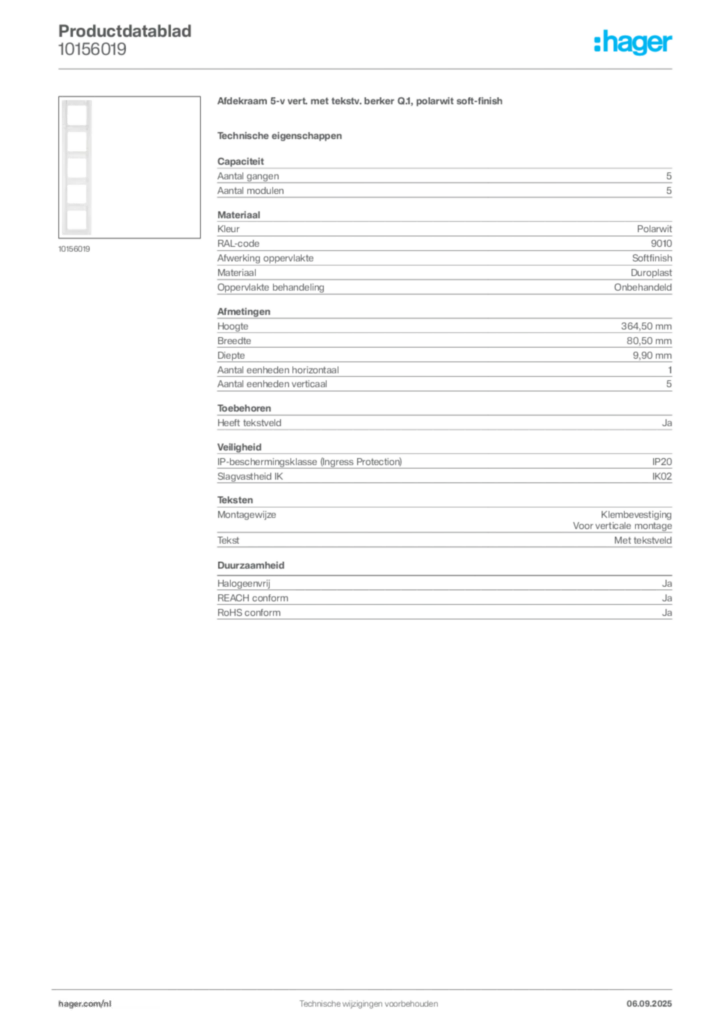 Afbeelding Hager Productdatablad 10156019 | Hager Nederland