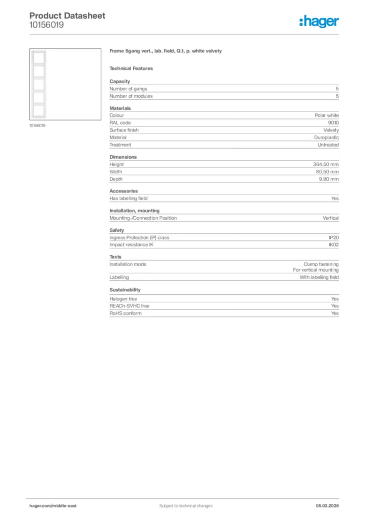 Image Hager Product data sheet 10156019  | Hager