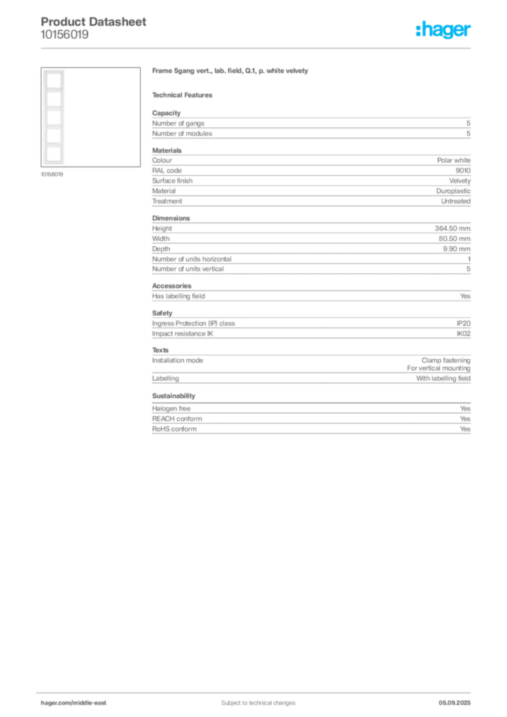 Image Hager Product data sheet 10156019  | Hager