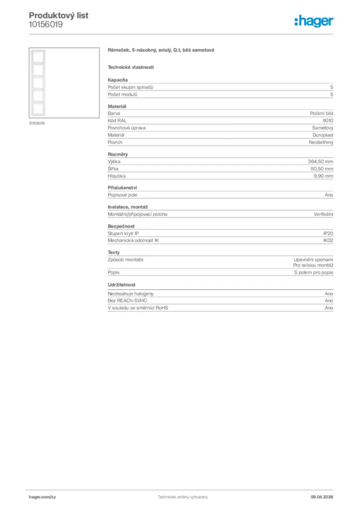 Obrázek Hager Product data sheet 10156019 | Hager