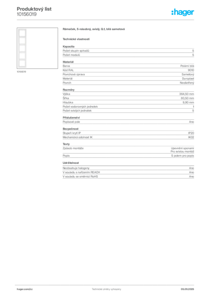 Obrázek Hager Produktový list 10156019 | Hager