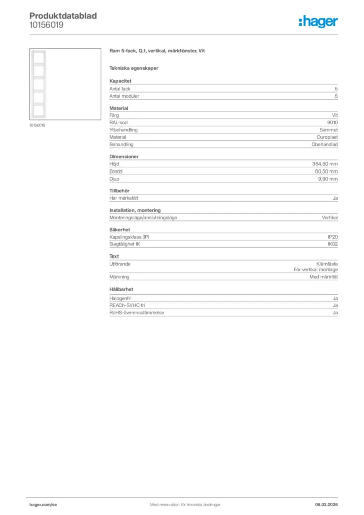 Bild Hager Produktdatablad 10156019 | Hager Sverige