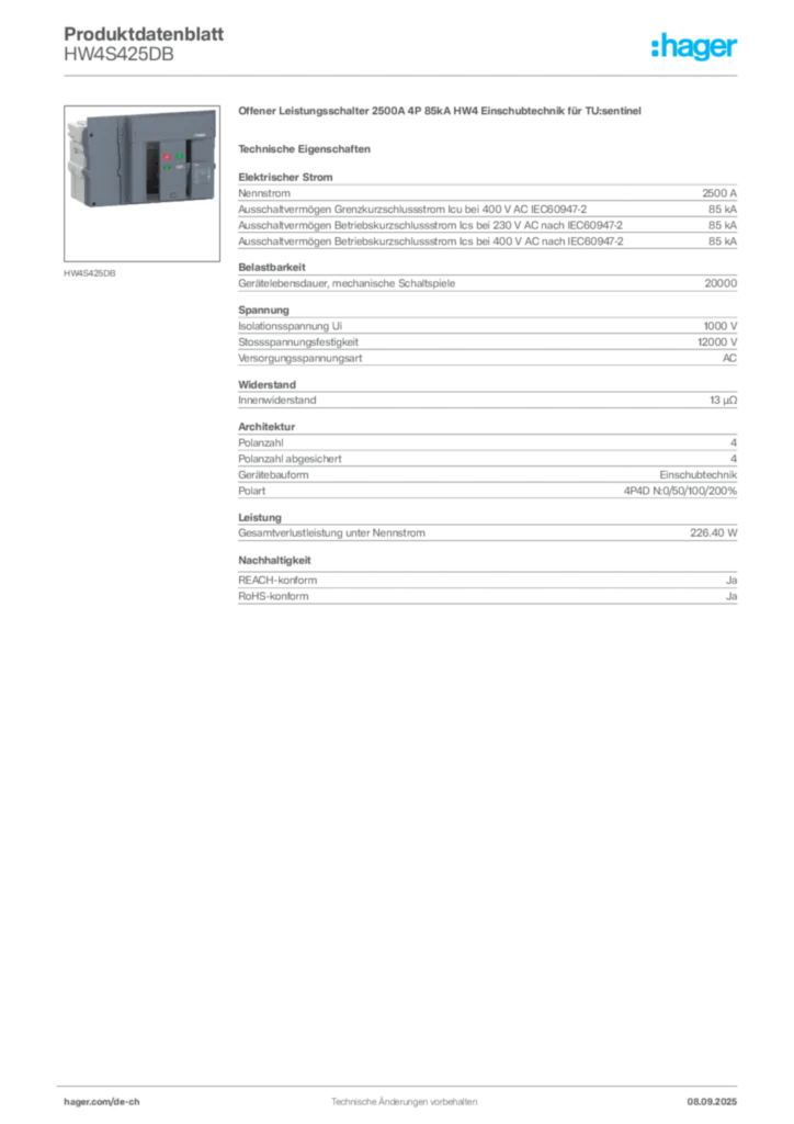 Bild Hager Produktdatenblatt HW4S425DB | Hager Schweiz