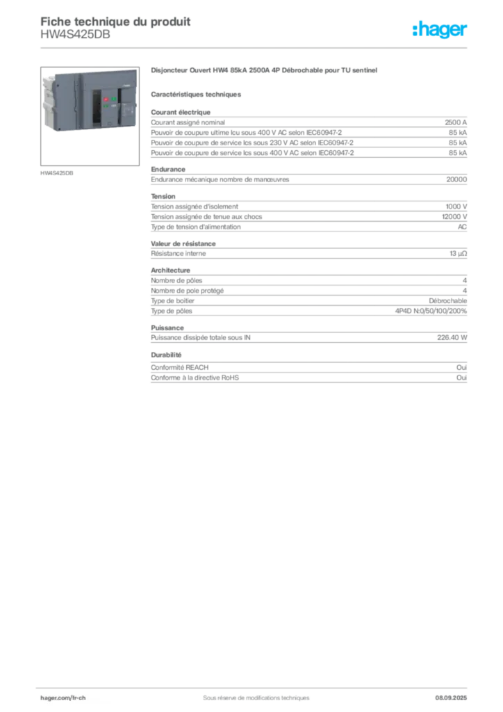 Image Hager Fiche technique du produit HW4S425DB | Hager Suisse