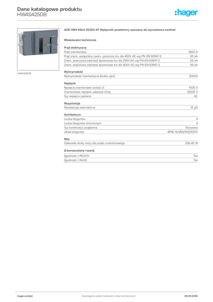 Zdjęcie Hager Dane katalogowe produktu HW4S425DB | Hager Polska