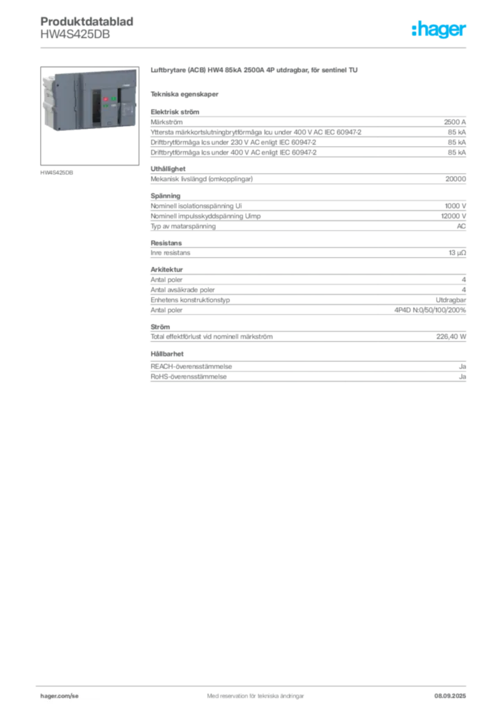 Bild Hager Produktdatablad HW4S425DB | Hager Sverige