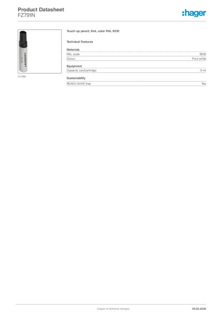 Image Hager Product data sheet FZ791N  | Hager Africa