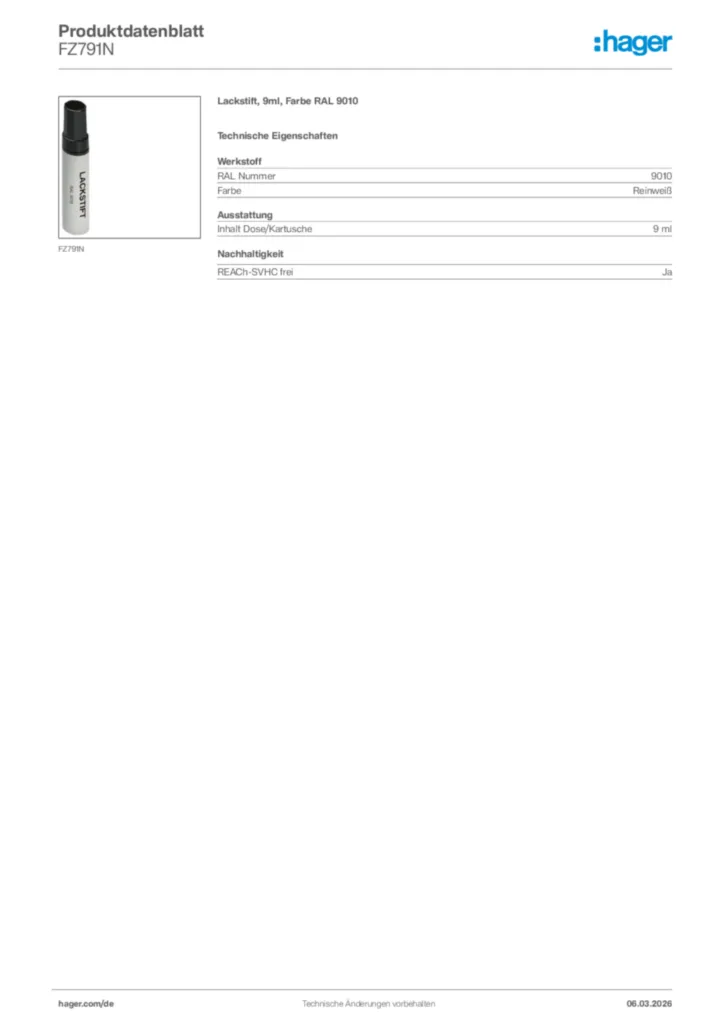 Bild Hager Produktdatenblatt FZ791N | Hager Deutschland