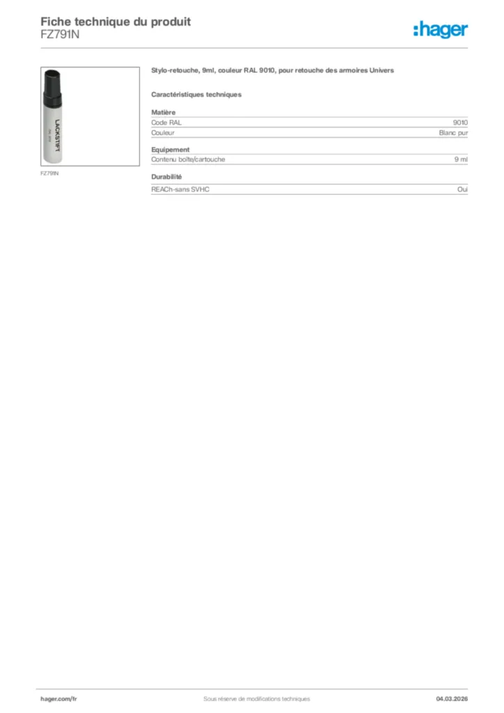 Image Hager Fiche technique du produit FZ791N | Hager France