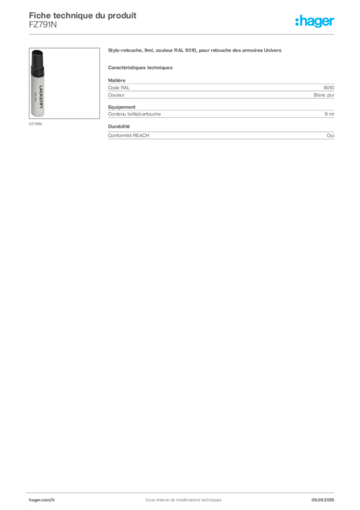 Image Hager Fiche technique du produit FZ791N | Hager France