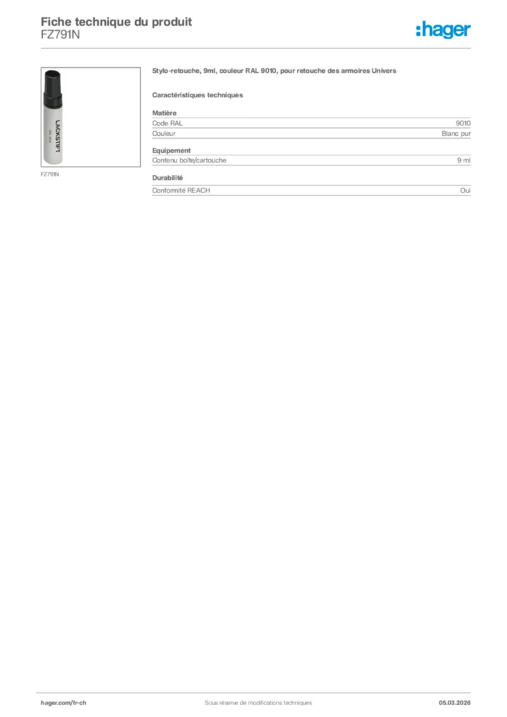 Image Hager Fiche technique du produit FZ791N | Hager Suisse