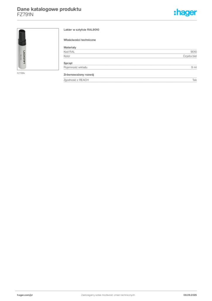 Zdjęcie Hager Dane katalogowe produktu FZ791N | Hager Polska