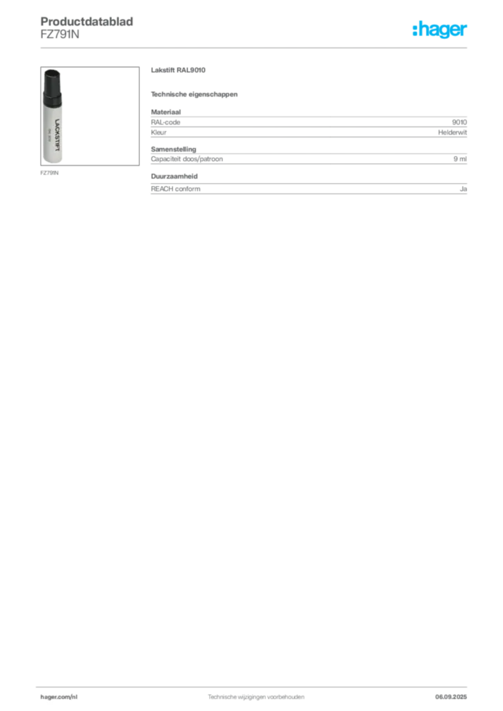 Afbeelding Hager Productdatablad FZ791N | Hager Nederland