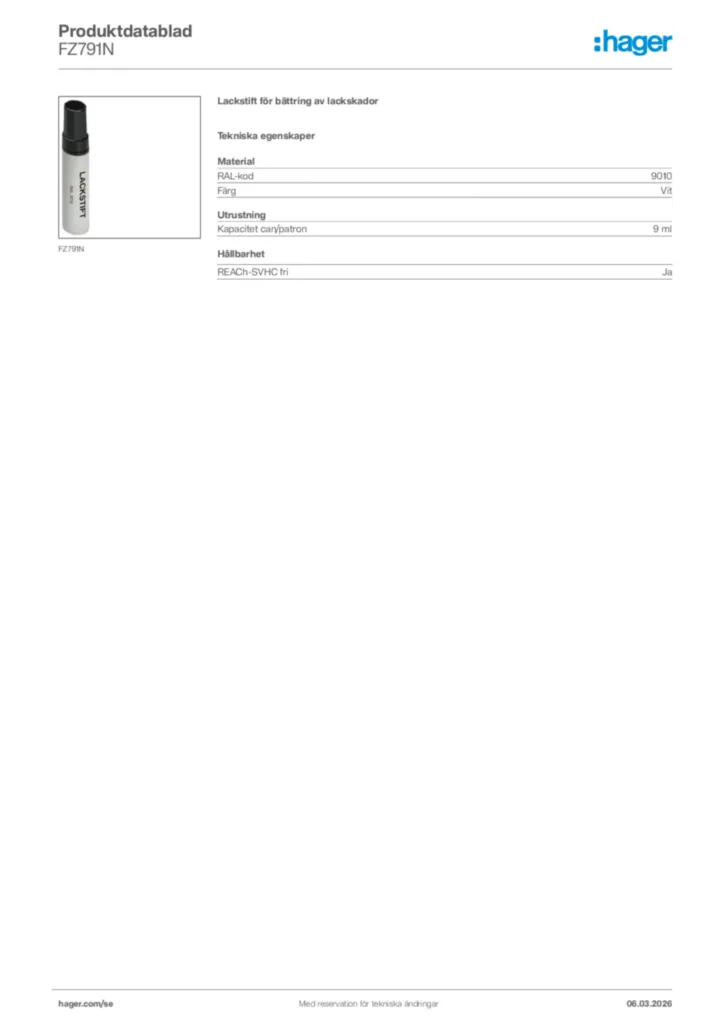 Bild Hager Produktdatablad FZ791N | Hager Sverige