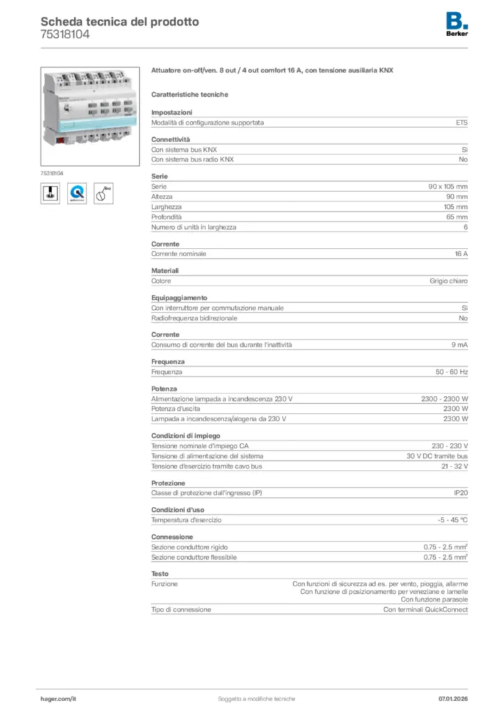 Immagine Berker Scheda tecnica del prodotto 75318104 | Hager Italia