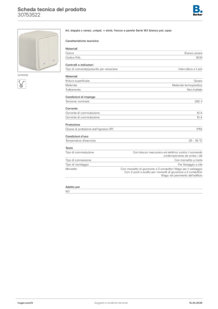 Immagine Berker Scheda tecnica del prodotto 30753522 | Hager Italia