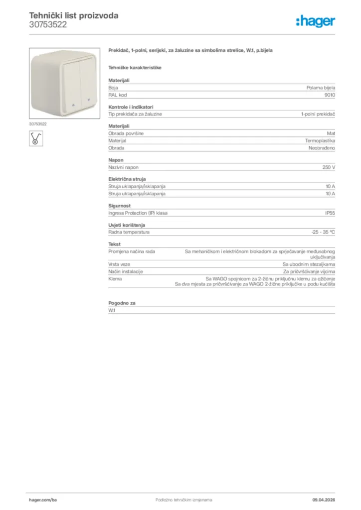 Slika Hager Tehnički list proizvoda 30753522  | Hager