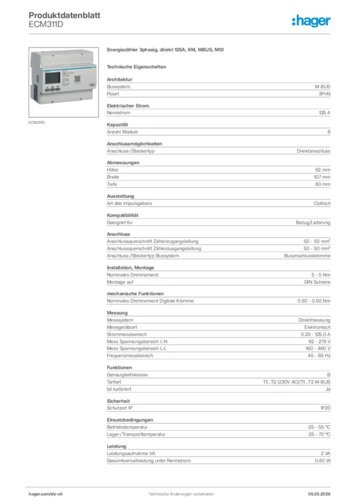 Bild Hager Produktdatenblatt ECM311D | Hager Schweiz