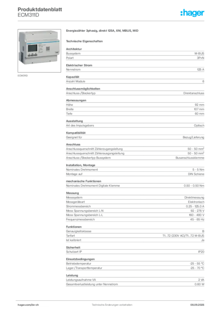 Bild Hager Produktdatenblatt ECM311D | Hager Schweiz
