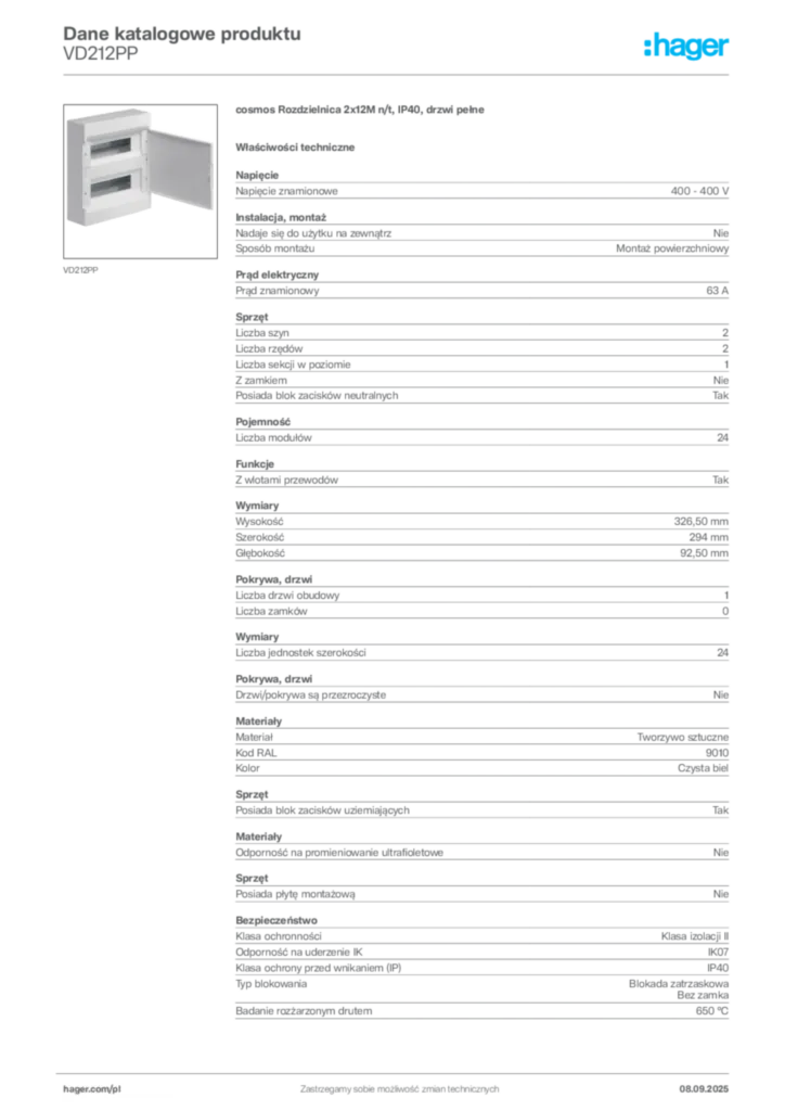 Zdjęcie Hager Dane katalogowe produktu VD212PP | Hager Polska