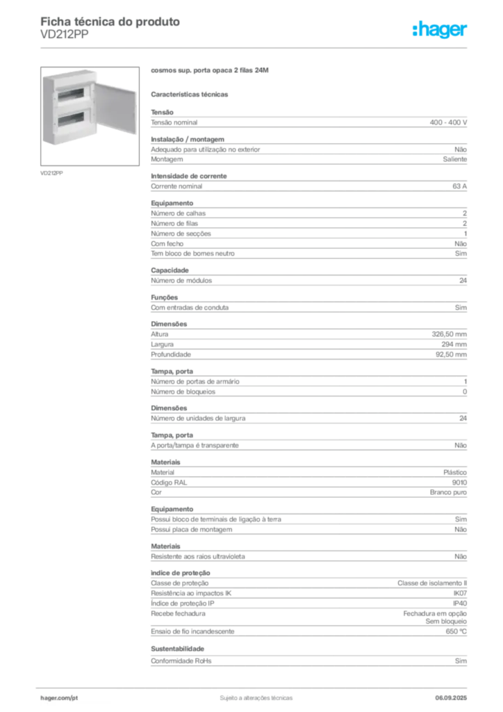 Imagem Hager Ficha técnica do produto VD212PP | Hager Portugal
